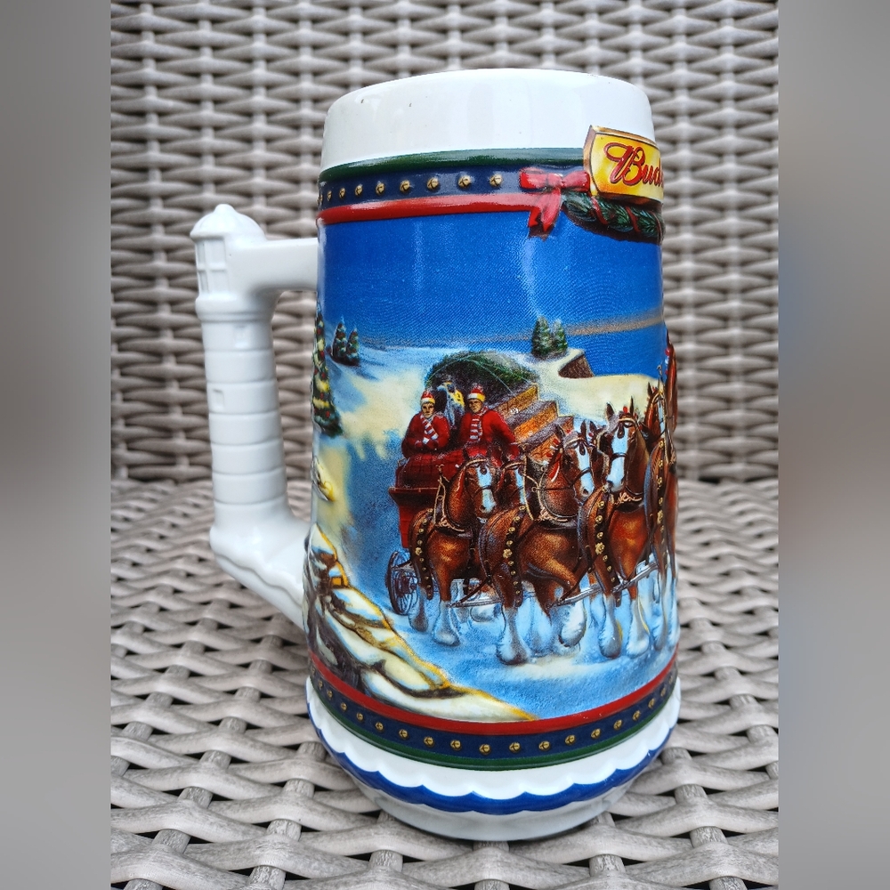 Budweiser 2002 Blue and White Beer Stein with Horses